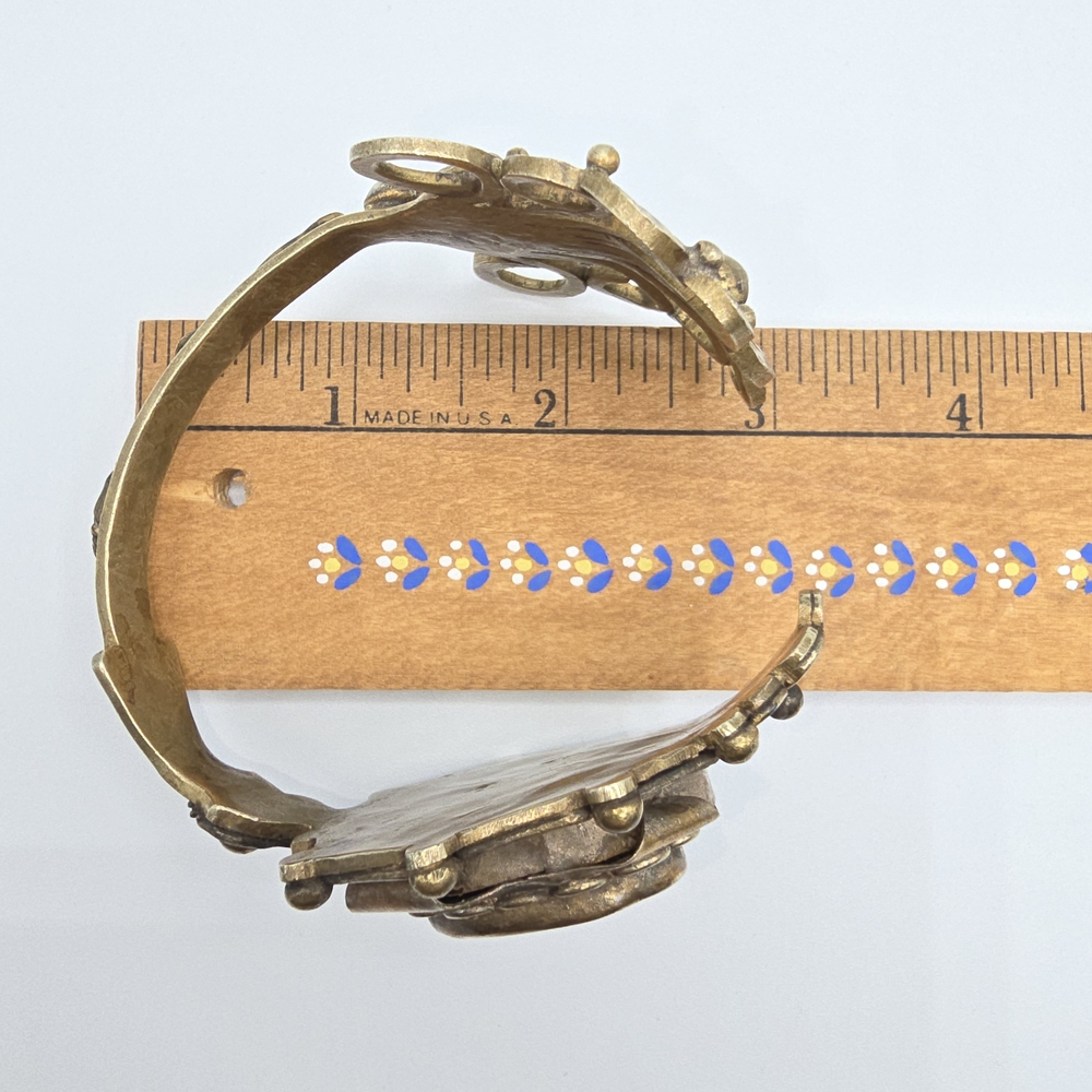 VTG Brass Cuff Blue Stones Cabochons Modernist Artisan Statement Bracelet 75g - Picture 15 of 16